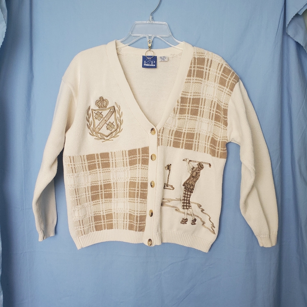 E P Pro Women's Light Brown Plaid/White Color Block Graphic Golf Cardigan Sz Med